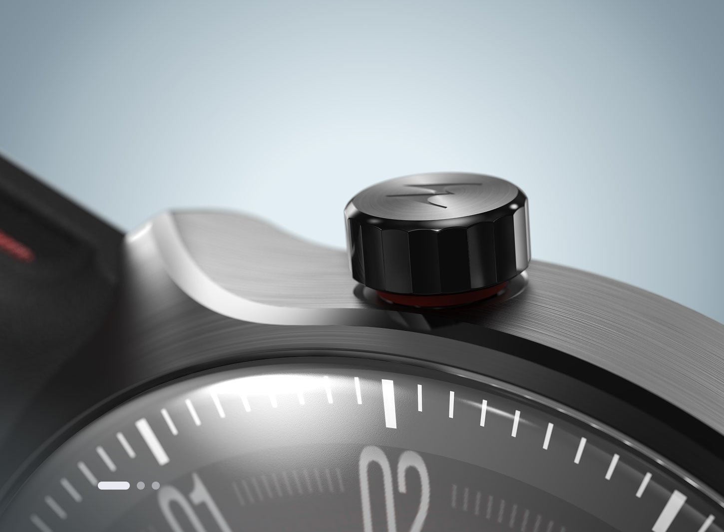 Zbliżenie na obudowę smartwatcha moto watch ultra z metalową koronką i krawędzią tarczy