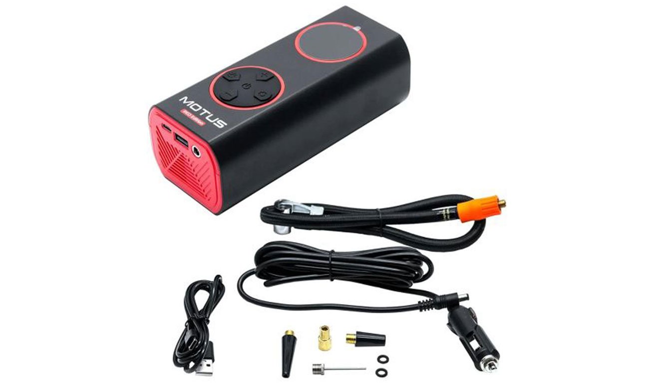 Pompka elektryczna Motus AirPump Pro Red Edition - Widok ogólny wraz z akcesoriami