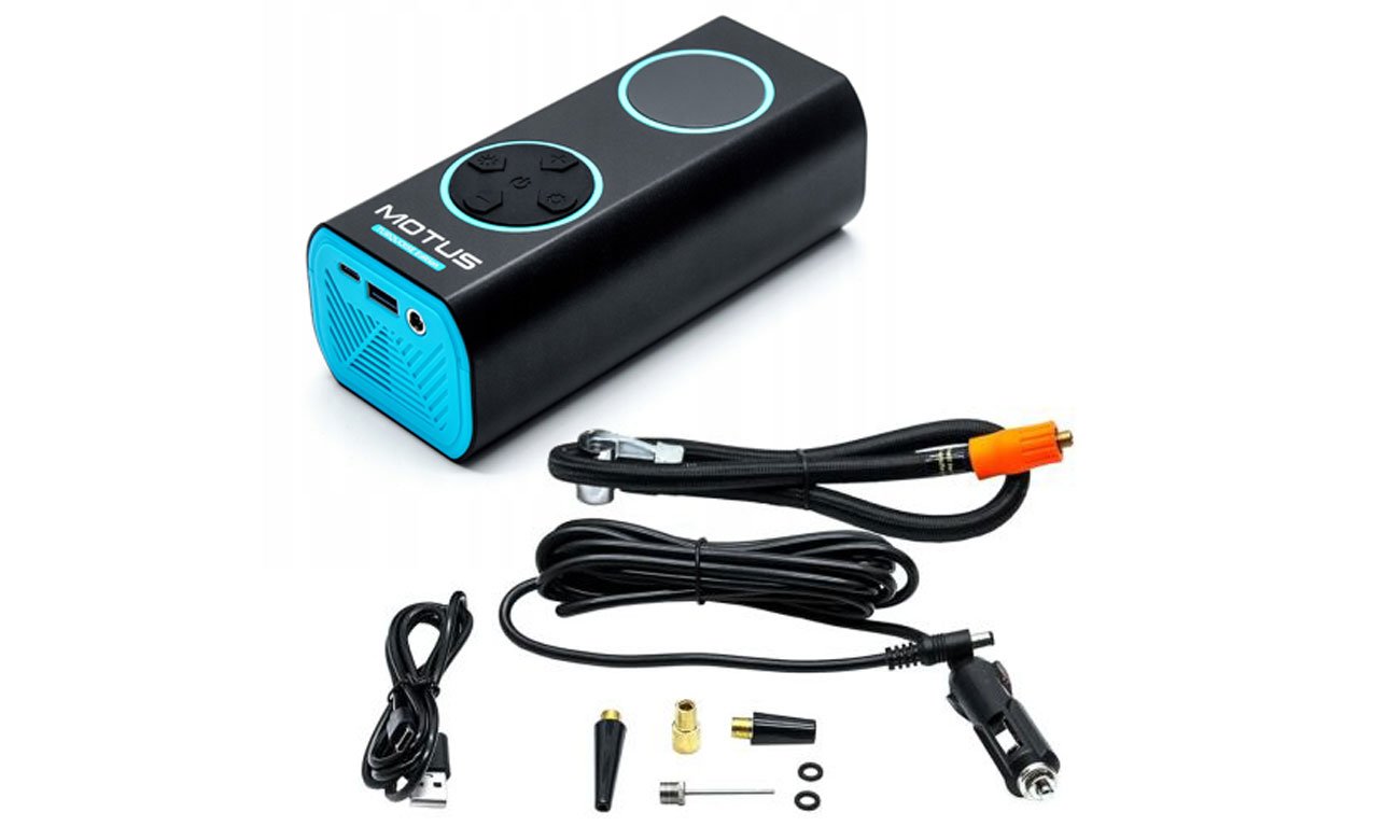 Pompka elektryczna Motus AirPump Pro Turquoise Edition - Widok ogólny wraz z akcesoriami