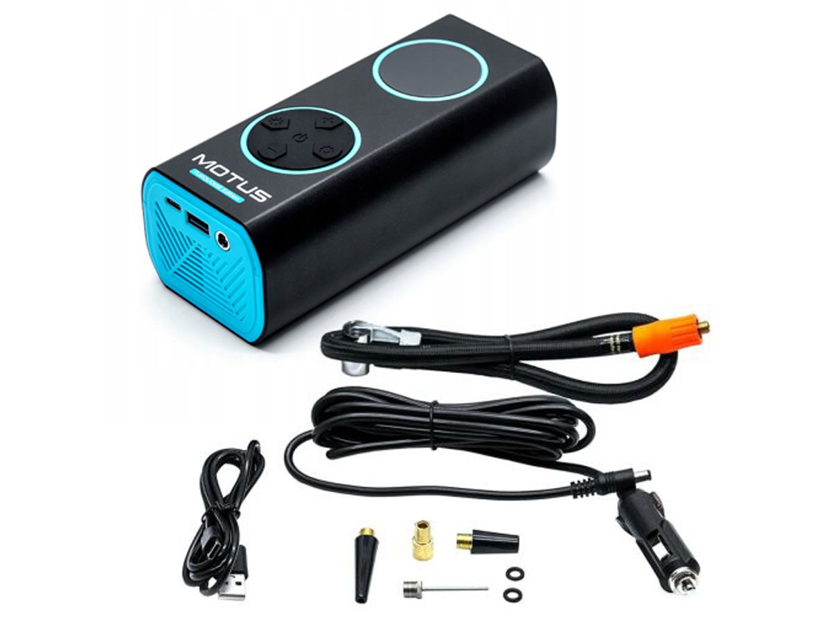 Pompka elektryczna Motus AirPump Pro Turquoise Edition - Widok ogólny wraz z akcesoriami