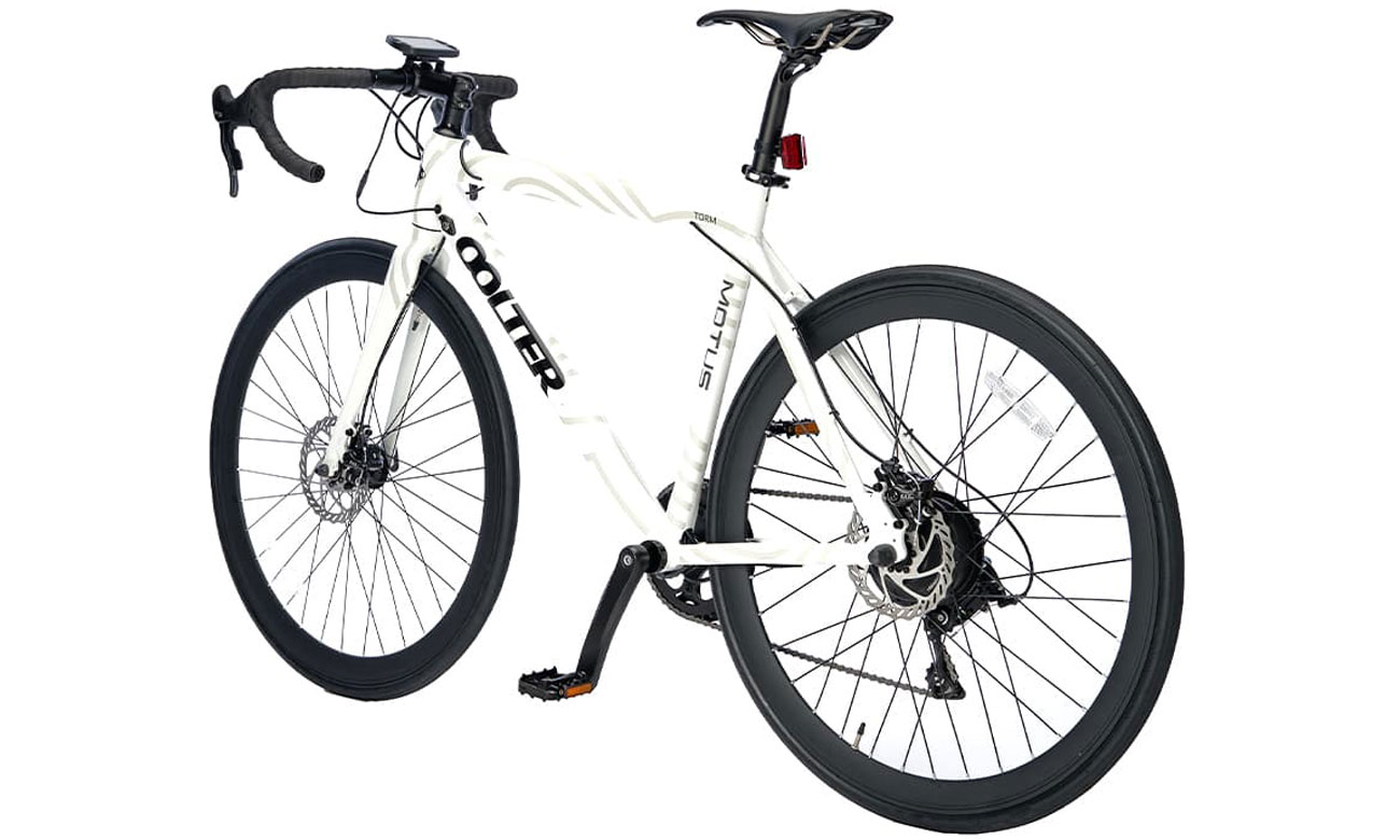 Rower elektryczny Motus Oolter Torm-S White+ - Widok lewego boku od tyłu pod kątem