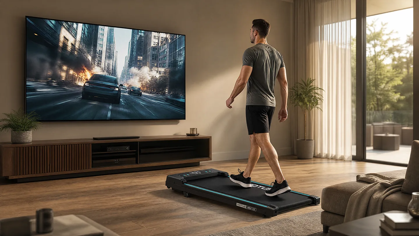 Mężczyzna spacerujący na bieżni MOTUS WALK 100 przed telewizorem