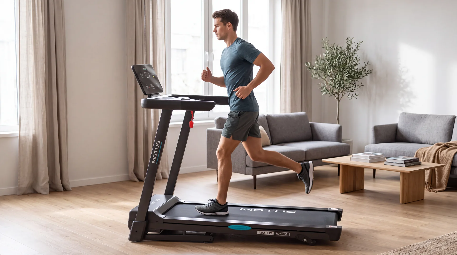 Mężczyzna trenujący na MOTUS RUN 100 w domowym wnętrzu
