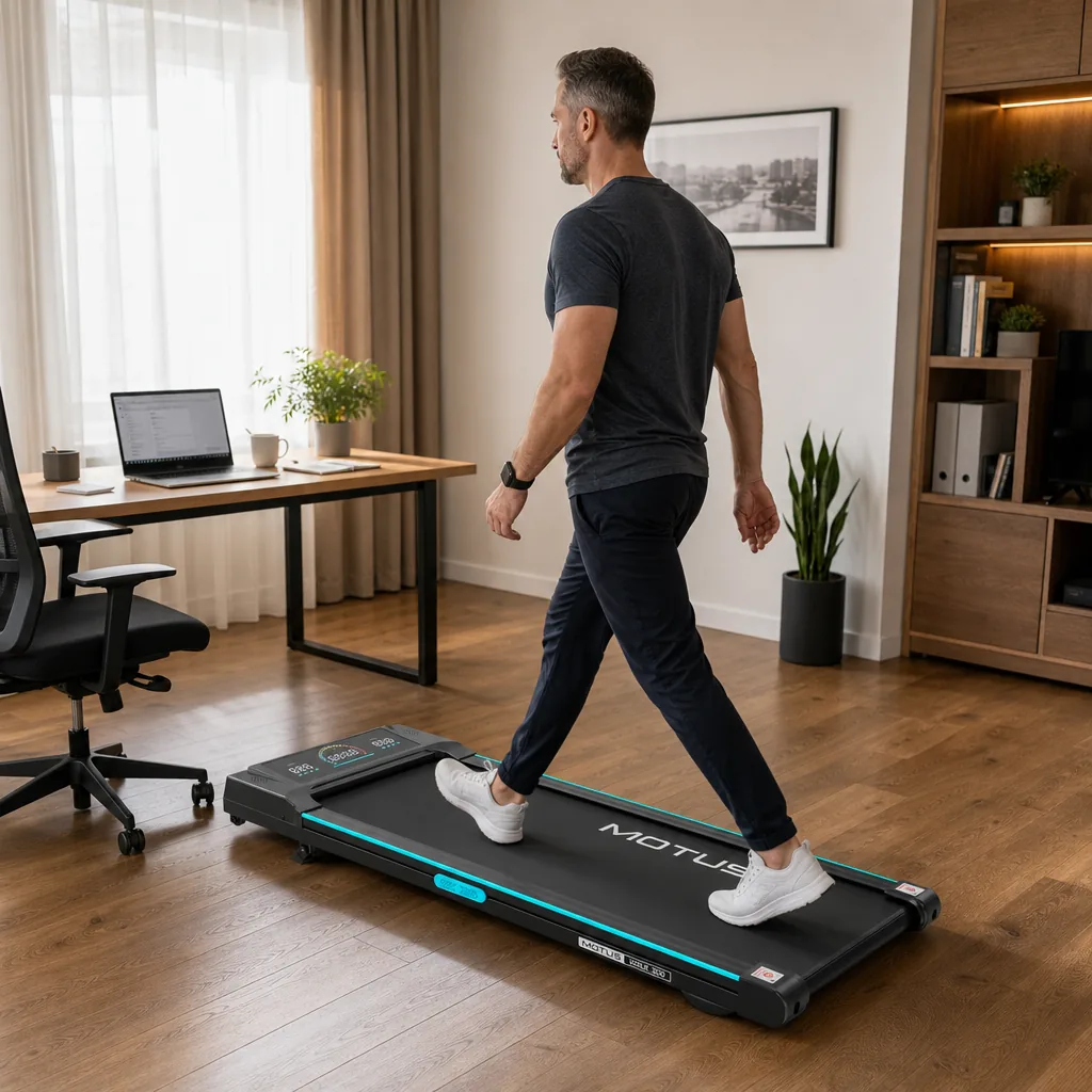 Mężczyzna spacerujący na WALK 300 w domowym salonie