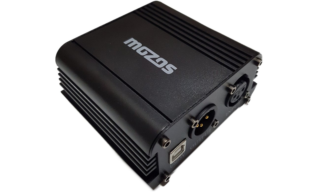 Zasilacz USB PHANTOM +48V do mikrofonów XLR Mozos M48P - Widok od przodu pod kątem