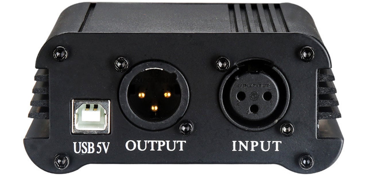 Zasilacz USB PHANTOM +48V do mikrofonów XLR Mozos M48P - Widok od przodu