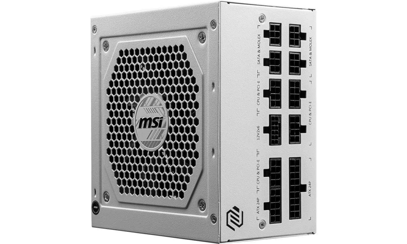 Zasilacz MSI A850GL 850W 80 Plus Gold ATX 3.0 widok z boku, złącza