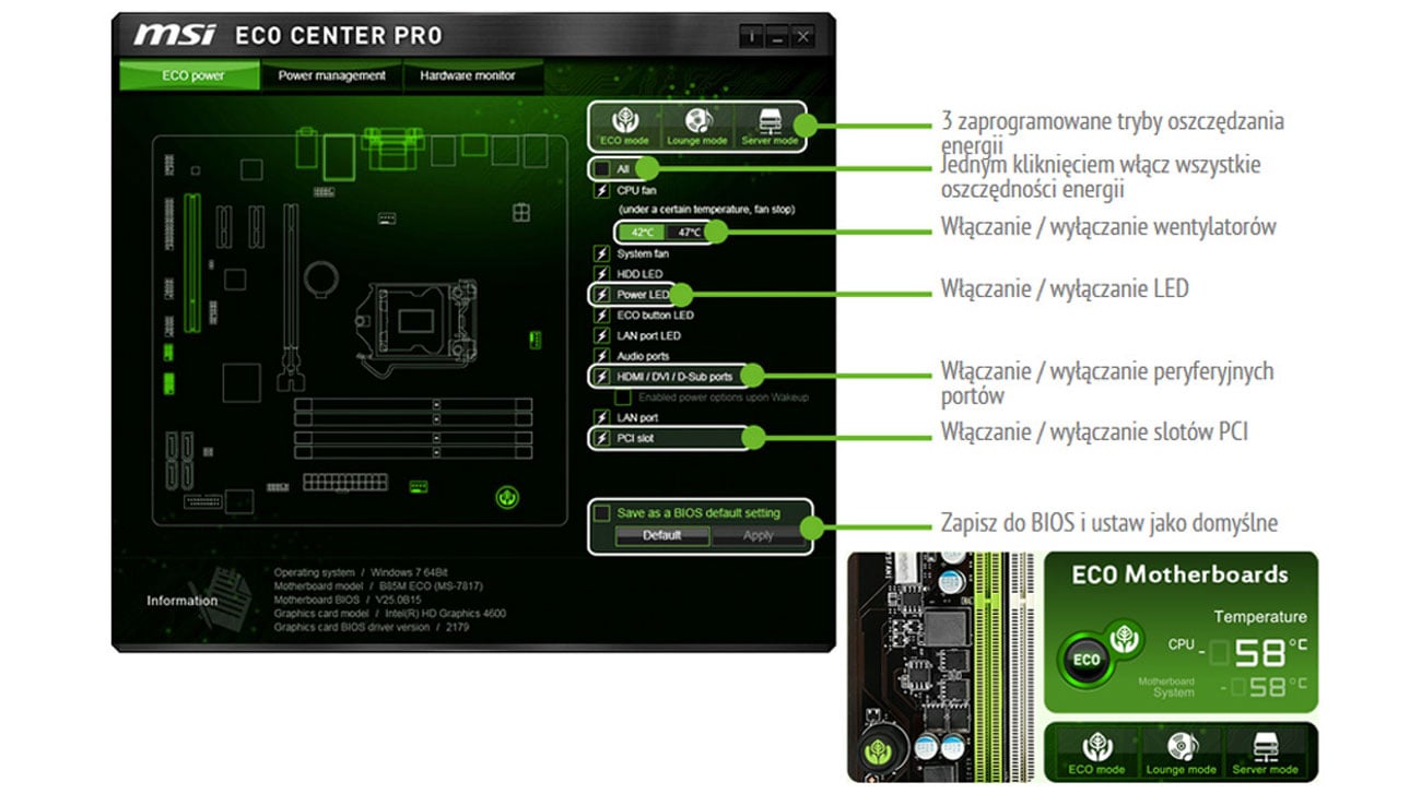 ECO Center Pro oraz ECO Button MSI B85M ECO