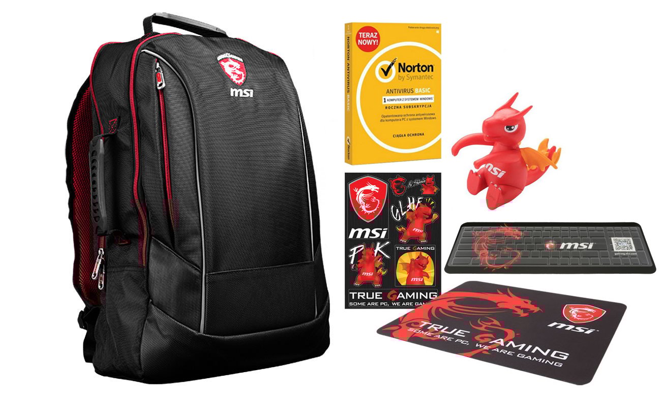 MSI GV62 7RD + plecak, brelok, naklejki, podkładka, pokrowiec, antywirus norton