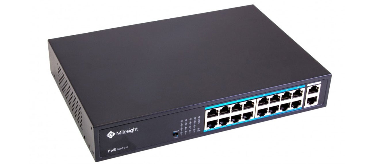 Milesight MS-S0216-GL：プロフェッショナルな監視ネットワーク向けの16ポートPoEスイッチ。前面には16個の10/100 Mbps PoE対応RJ45ポートと、2つのギガビットアップリンクポートが整然と配置されています。頑丈なメタル筐体には各ポートの通信と給電状態を示すLEDインジケーター（PWR, Link, PoE, EXTEND）が備わり、ラックマウントやデスクトップ設置に対応した堅牢なデザインです。