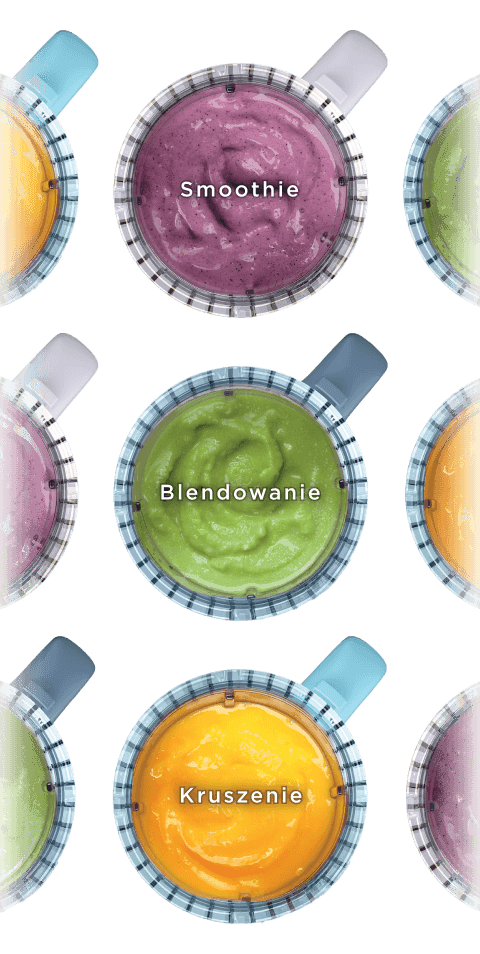 Trzy blendery Ninja BlendBoss obok trzech widoków z góry na gotowe koktajle: fioletowy, zielony i pomarańczowy