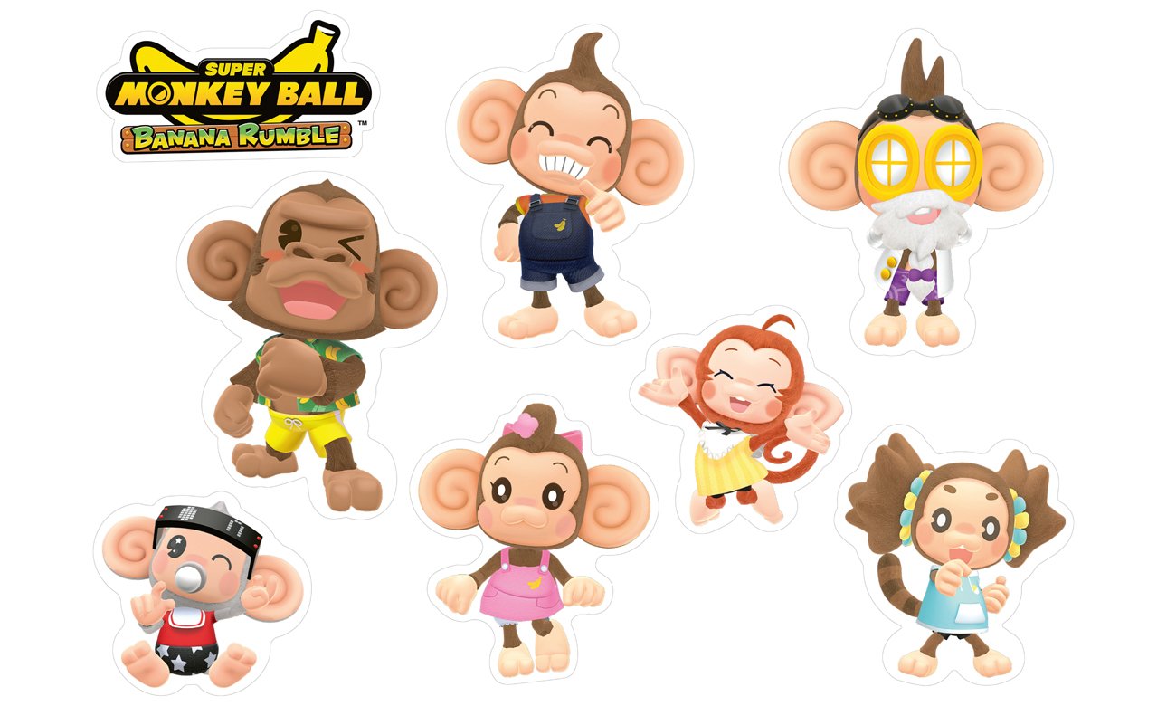 Grafika prezentująca dodatki przedsprzedażowe do gry Super Monkey Ball Banana Rumble