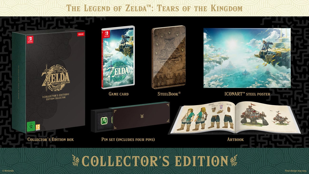 Grafika prezentująca zawartość Edycji Kolekcjonerskiej gry The Legend of Zelda Tears of the Kingdom na Nintendo Switch