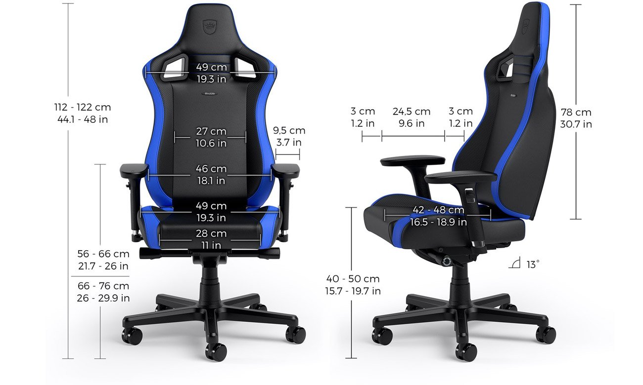 Fotel gamingowy noblechairs EPIC Compact Gaming Carbon Czarno-niebieski - Widok od przodu i z boku wraz z wymiarami