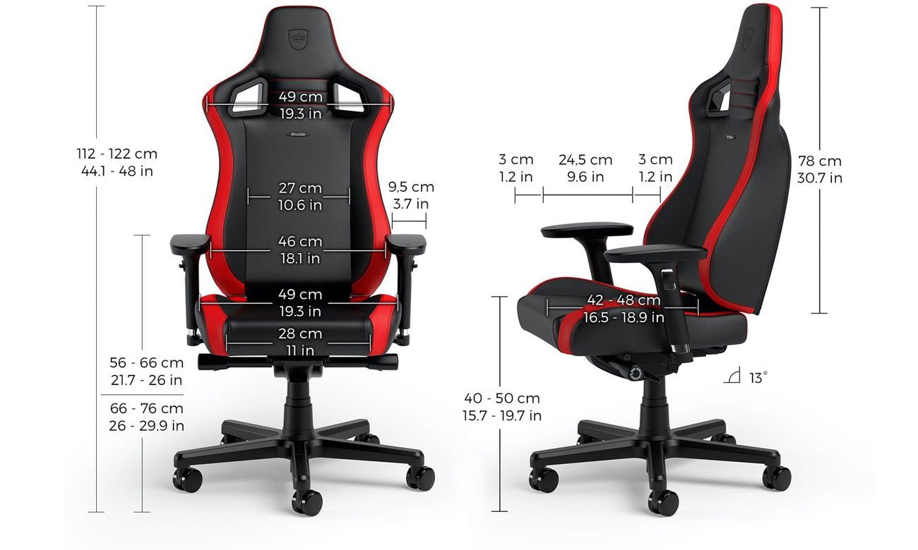 Fotel gamingowy noblechairs EPIC Compact Gaming Carbon Czarno-czerwony - Widok od przodu i z boku wraz z wymiarami