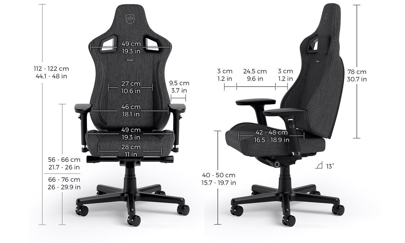 Fotel gamingowy noblechairs EPIC Compact Gaming TX Carbon Antracyt - Widok od przodu i z boku wraz z wymiarami
