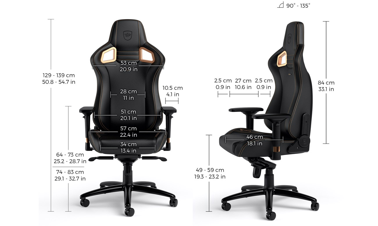 Fotel gamingowy noblechairs EPIC Gaming Copper Edition - Widok od przodu i z boku wraz z wymiarami