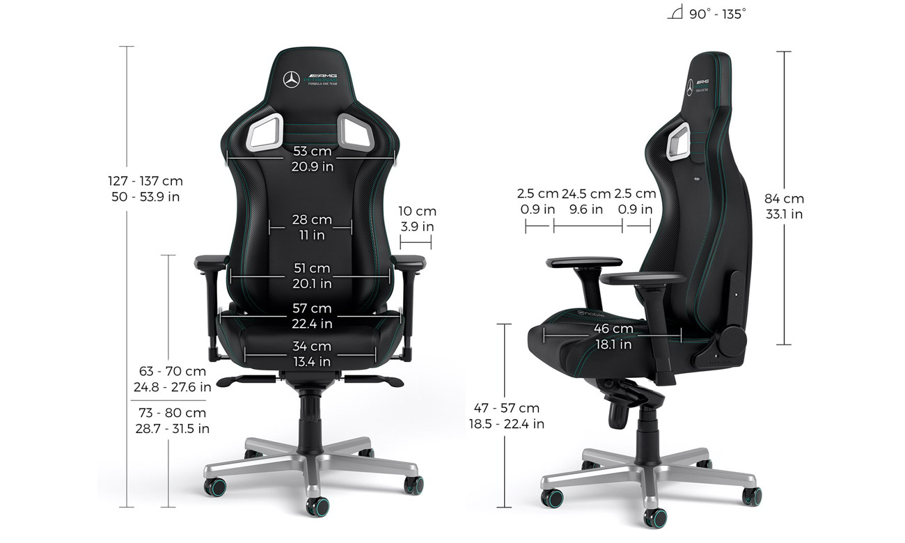 Fotel gamingowy noblechairs EPIC Gaming Copper Edition - Widok od przodu i z boku wraz z wymiarami