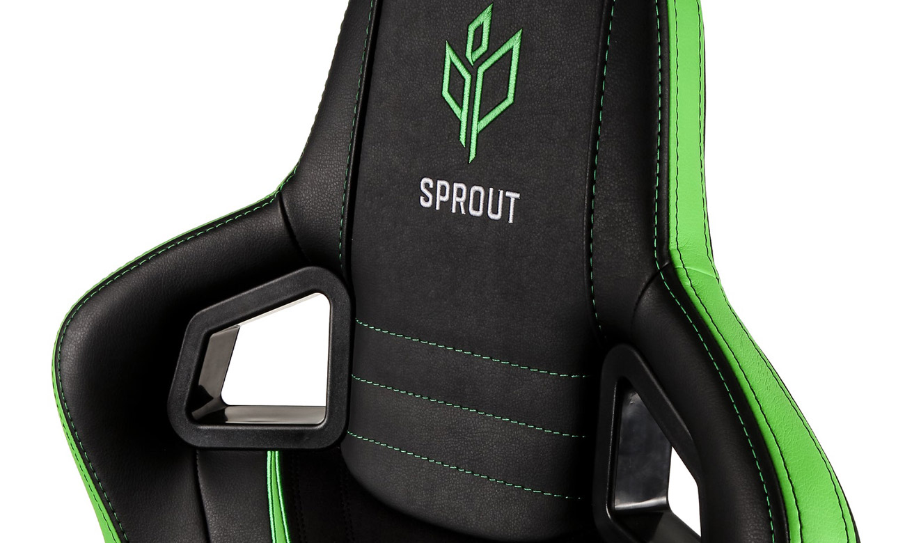 Fotel gamingowy noblechairs EPIC Gaming Sprout Edition - Zbliżenie na oparcie z logotypami