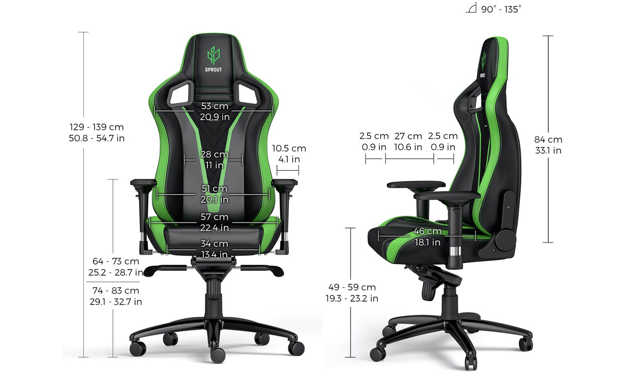 Fotel gamingowy noblechairs EPIC Gaming Sprout Edition - Widok od przodu i z boku wraz z wymiarami