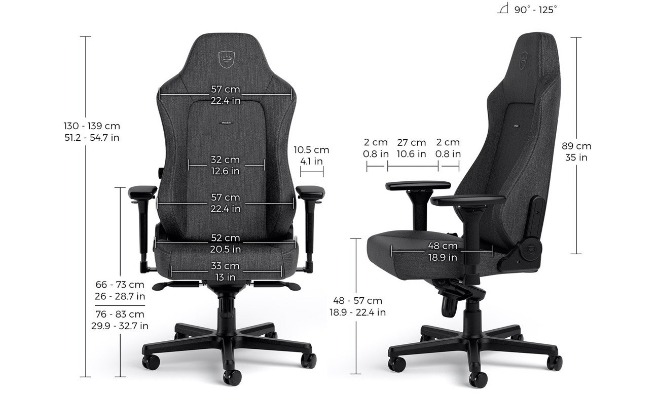 Fotel gamingowy noblechairs HERO Gaming TX Antracytowy - Widok od przodu i z boku wraz z wymiarami