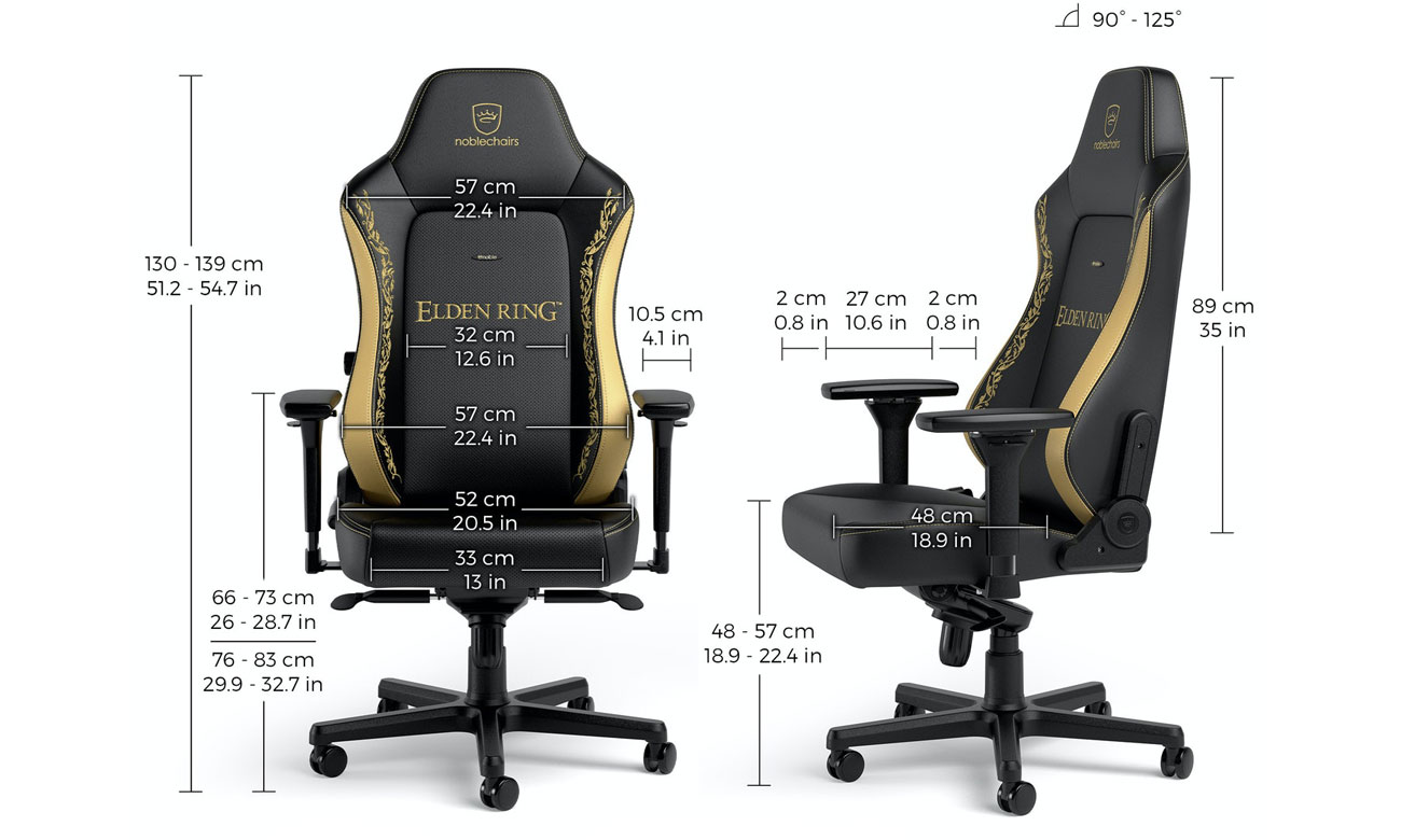 Fotel gamingowy noblechairs HERO Gaming Elden Ring Edition - Widok od przodu i z boku wraz z wymiarami