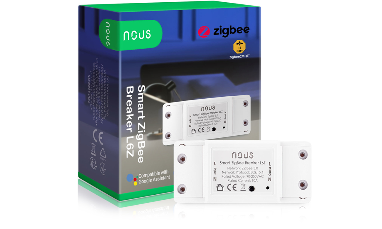 Inteligentny przekaźnik łącznikowy ZigBee Nous L6Z TUYA - Widok ogólny wraz z opakowaniem