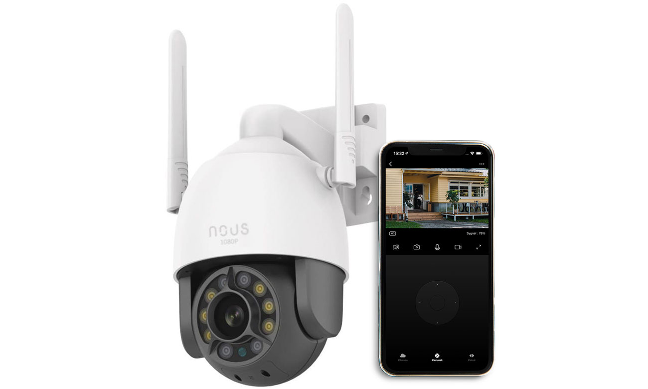 Inteligentna kamera zewnętrzna WiFi PTZ Nous W4 - Widok z przodu pod kątem + smartfon