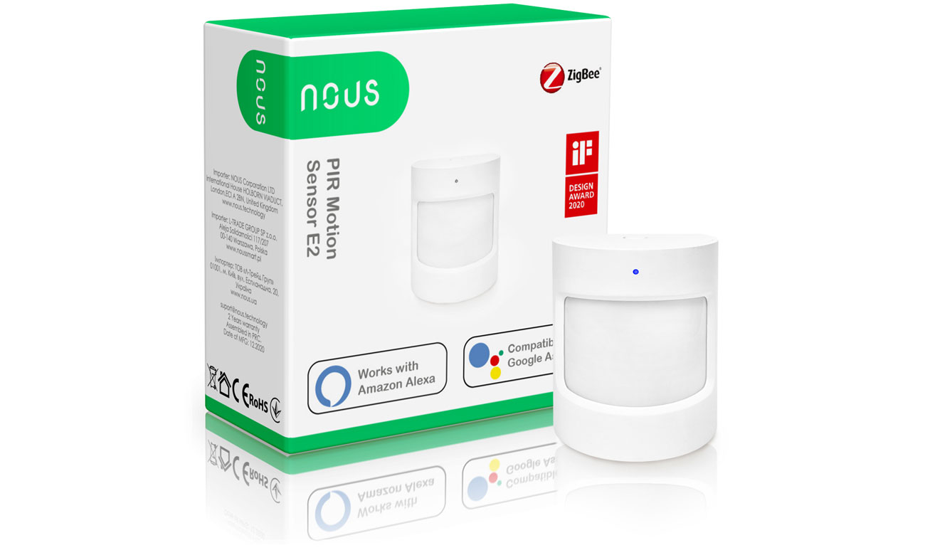 Inteligentny czujnik ruchu i obecności PIR ZigBee Nous E2 - Widok z przodu + opakowanie pod kątem