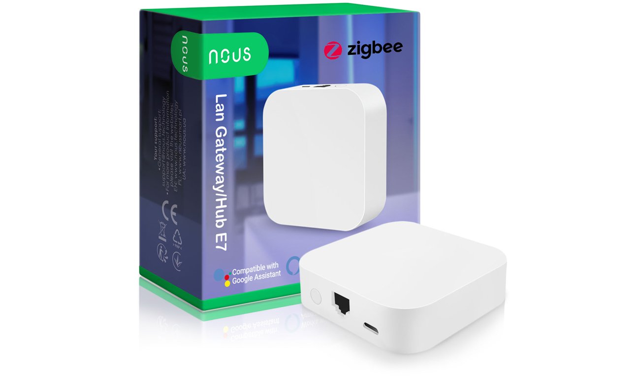 Inteligentna bramka ZigBee Nous E7 LAN - Widok ogólny z opakowaniem