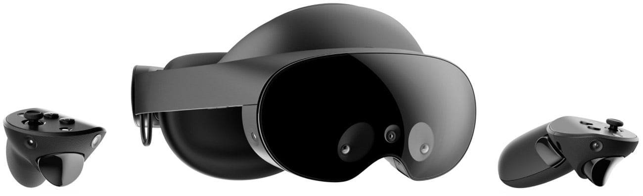 Окуляри Meta Quest Pro VR - Кутовий вид спереду з контролерами