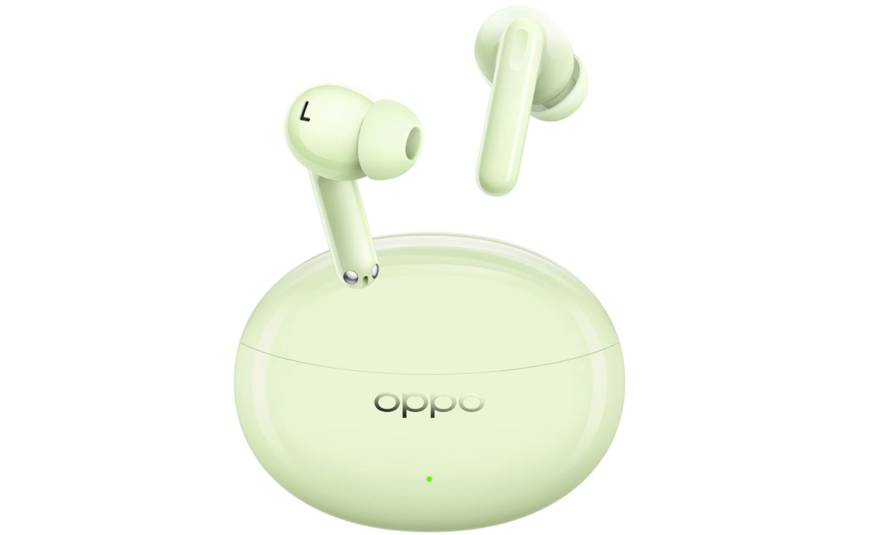 Słuchawki bezprzewodowe OPPO Enco Air3 Pro Miętowe - Widok od przodu wraz z zamkniętym etui ładującym