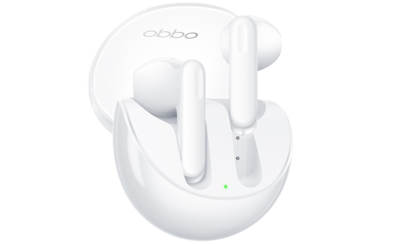 Słuchawki bezprzewodowe OPPO Enco Air3 Białe - Widok od przodu pod kątem wraz z etui ładującym
