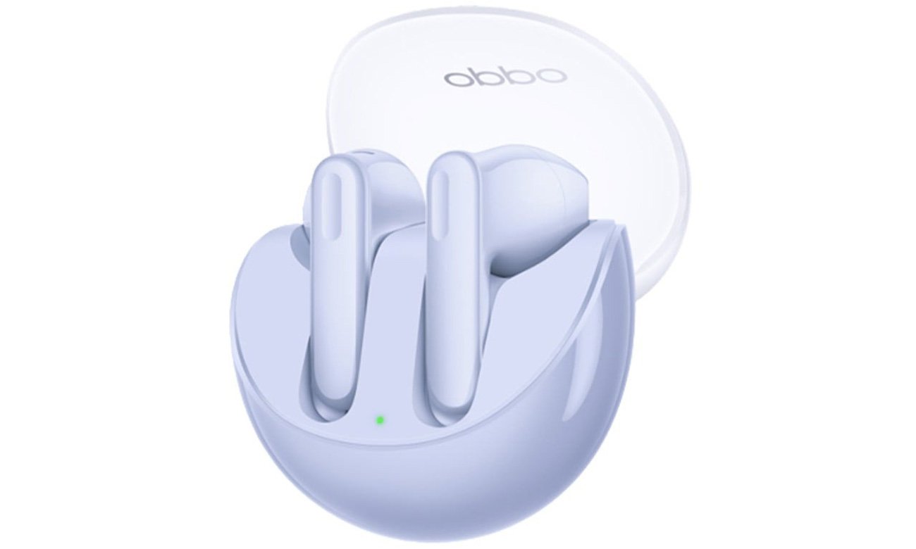 Słuchawki bezprzewodowe OPPO Enco Air3 Fioletowe - Widok od przodu pod kątem wraz z etui ładującym