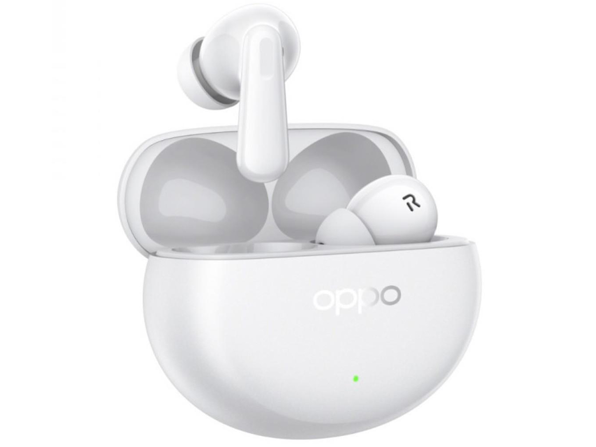 Słuchawki bezprzewodowe OPPO Enco Air4 Pro Moonlight White - Widok od przodu pod kątem wraz z etui ładującym