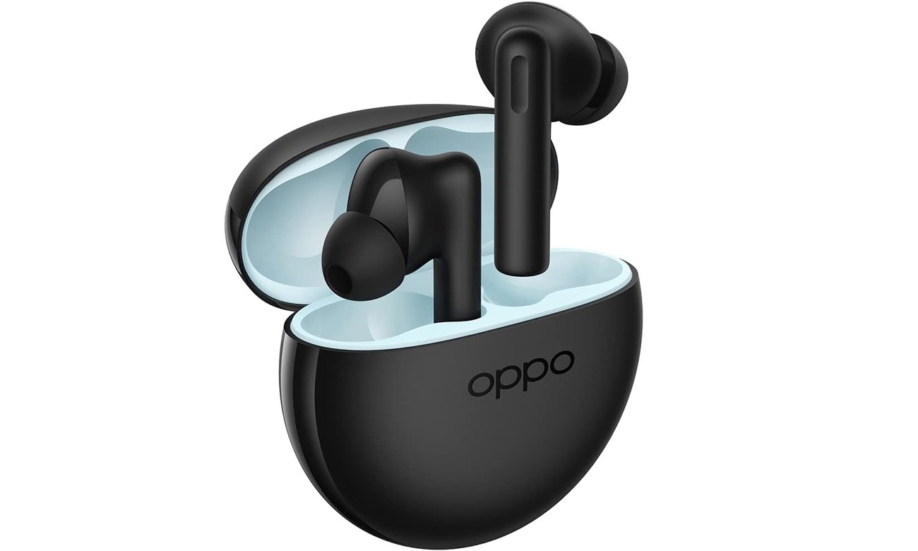 Słuchawki bezprzewodowe OPPO Enco Buds2 Czarne - Widok od przodu pod kątem wraz z otwartym etui ładującym wraz z etui