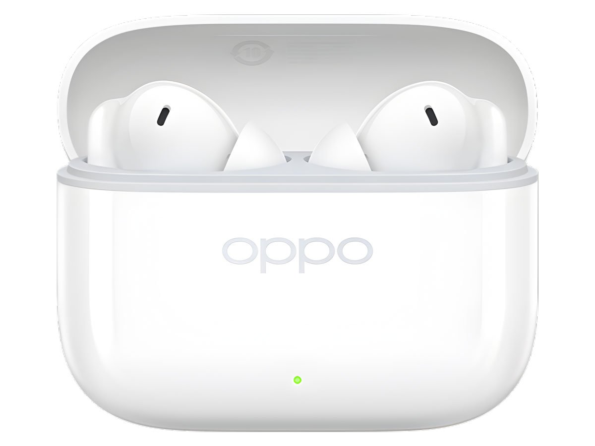 Słuchawki bezprzewodowe OPPO Enco Buds3 Pro Białe - Widok od przodu wraz z otwartym etui ładującym