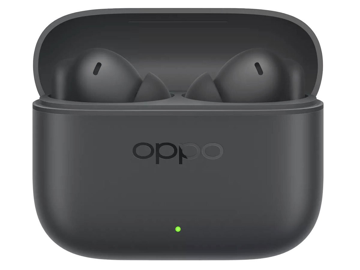Słuchawki bezprzewodowe OPPO Enco Buds3 Pro Czarne - Widok od przodu wraz z otwartym etui ładującym