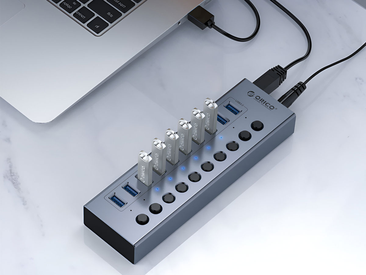 Orico 10x USB-A 3.0 z włącznikami - szary