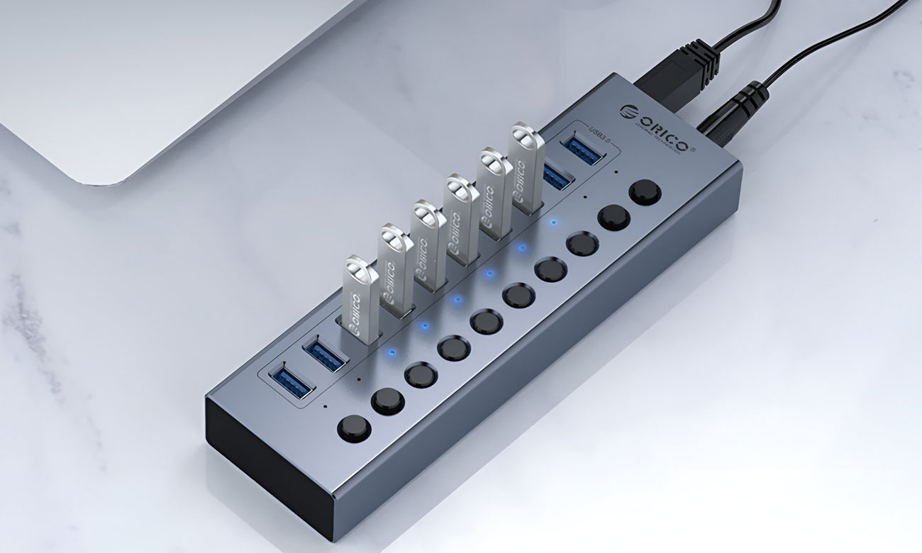Orico 10x USB-A 3.0 z włącznikami - szary