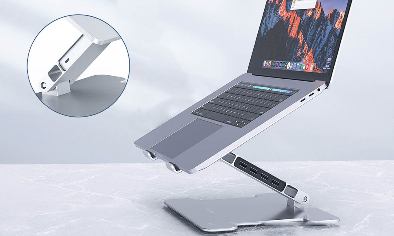 Aluminiowa podstawka Orico pod laptopa widoczne porty