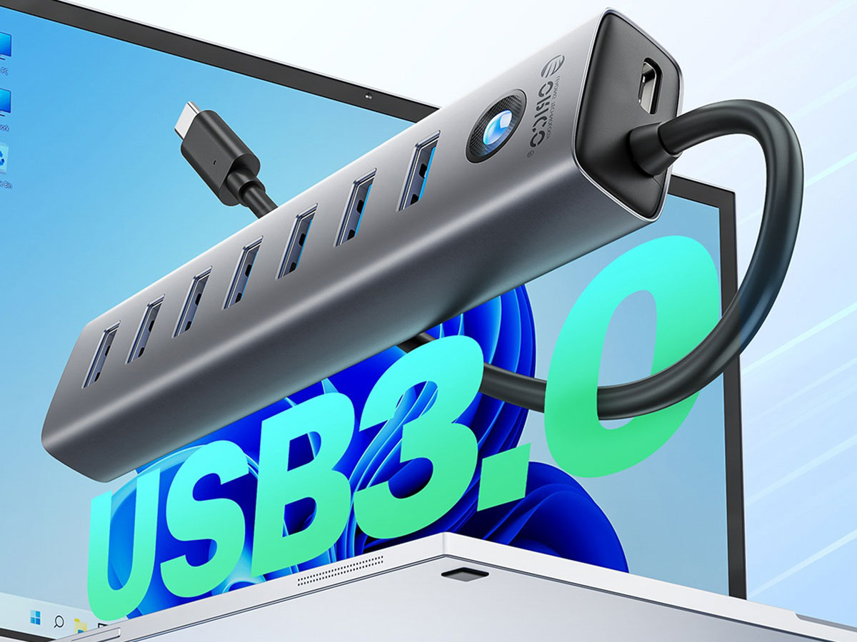 Orico USB-A - 7x USB-A 3.0, USB-C 5V/3A 1m - szary