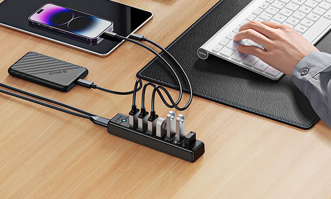 Orico USB-A - 7x USB-A 3.0, USB-C 5V/3A 1m - czarny