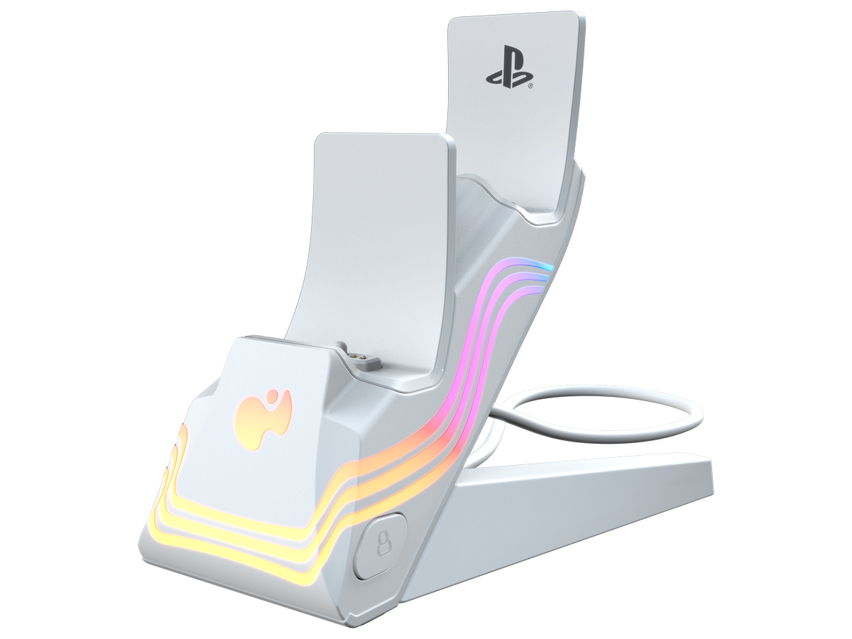 Ładowarka PDP Afterglow Wave Dual Charger do padów DualSense Biała - Widok od przodu pod kątem