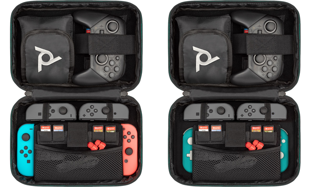 Widok akcesoriów umieszczonych wewnątrz etui podróżnego PDP Commuter Case Animal Crossing do Nintendo Switch