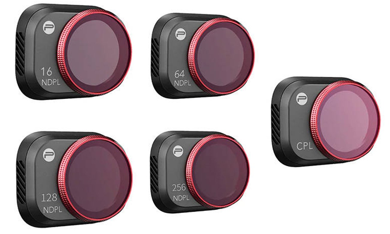 Zawartość zestawu 5 filtrów PGYTECH CPL+ND-PL 16/64/128/256 do drona DJI Mini 3