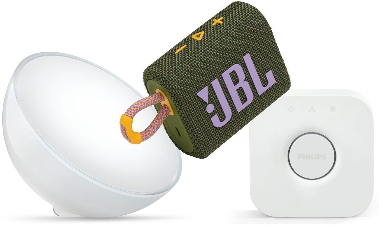 Zestaw inteligentna lampa Philips Hue + mostek + przenośny głośnik JBL