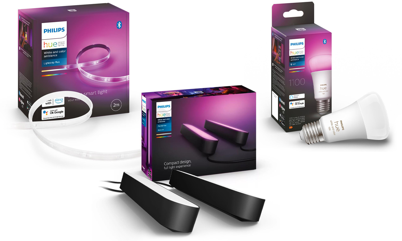 Zawartość zestawu gamingowowego Philips Hue Taśma LED 2m + dwie lampy Play + żarówka E27