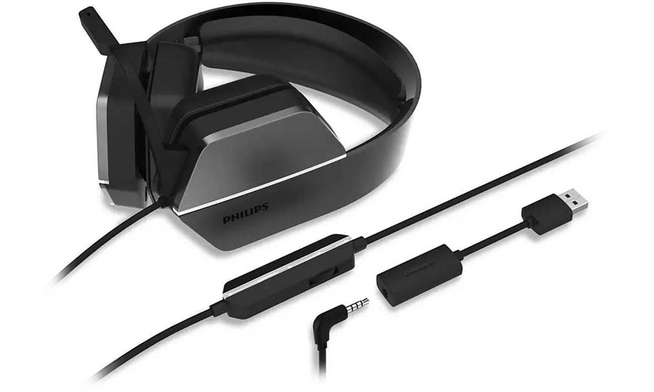 Zestaw słuchawkowy do gier Philips TAG4106 - Widok ogólny wraz z przewodami i adapterem