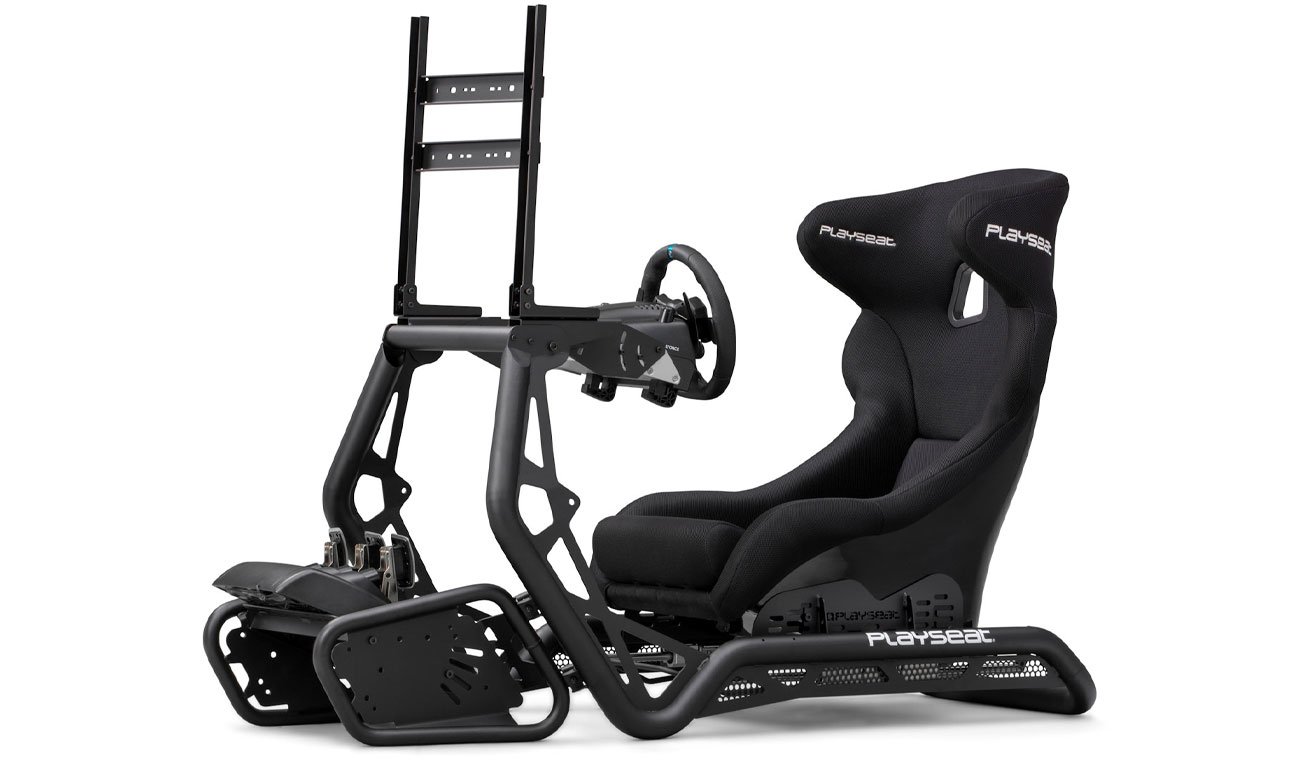 Fotel wyścigowy Playseat Sensation PRO ActiFit - Widok od przodu pod kątem, zamontowane akcesoria